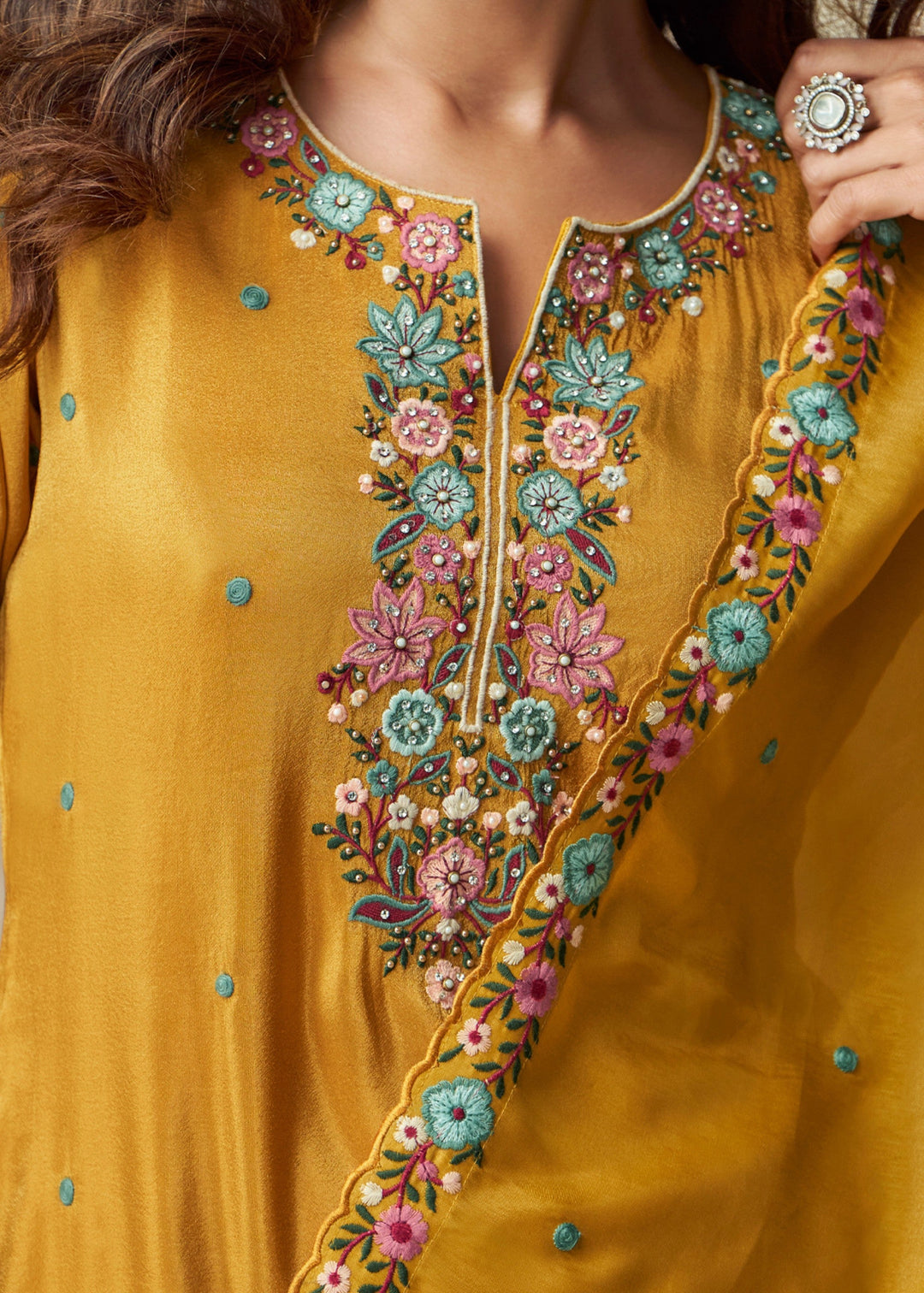 Mustard Yellow Organza Silk Plazo Suit With Dupatta