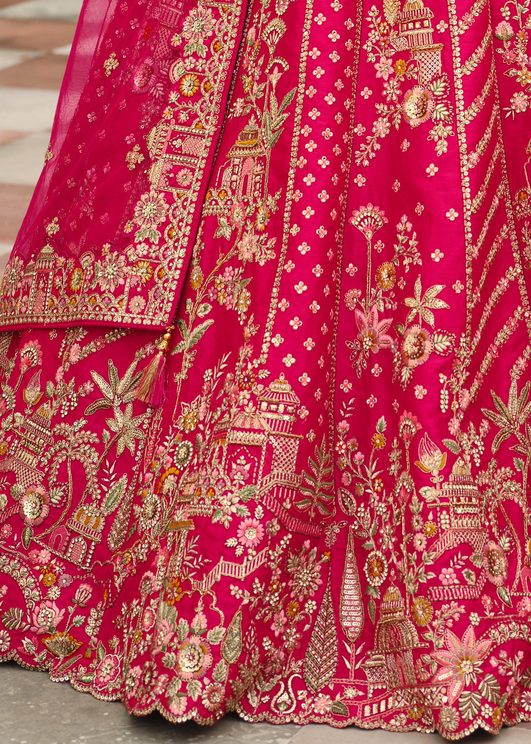 Rani Pink Heavy Bridal Silk Lehenga With Khatli And Embroidery Work
