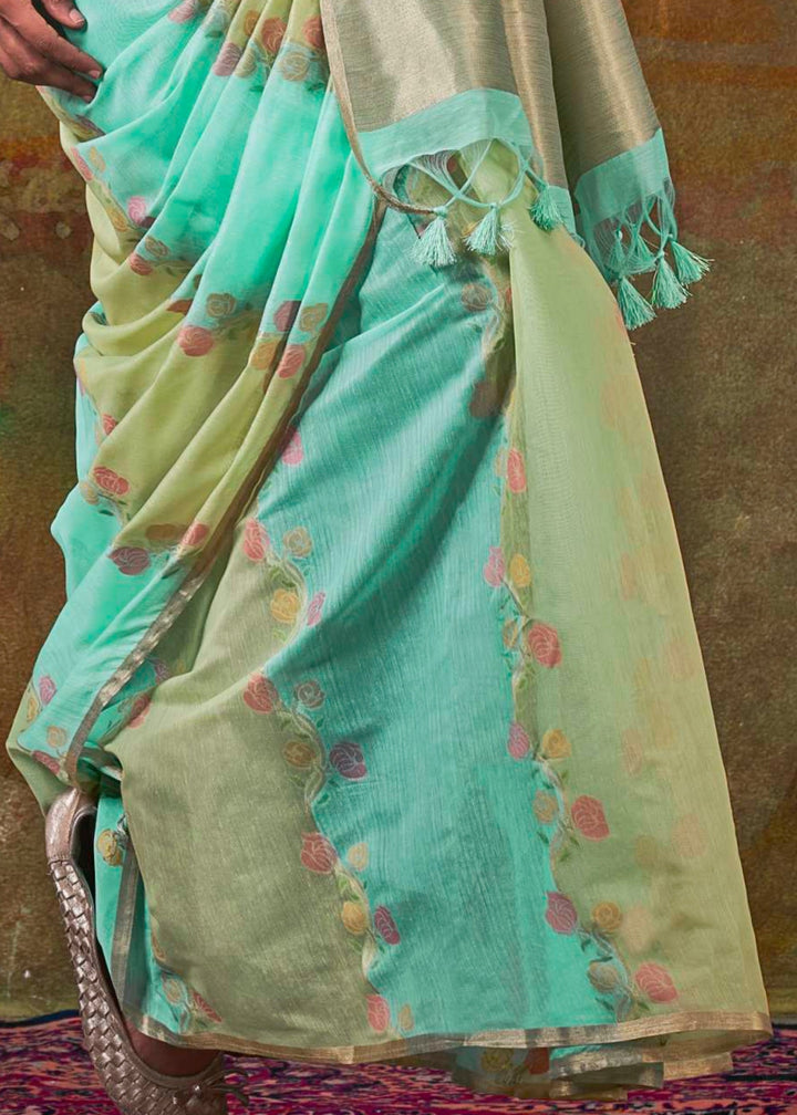 Aqua Blue And Green Cotton Silk Saree With Rangkaat Handloom Weaving