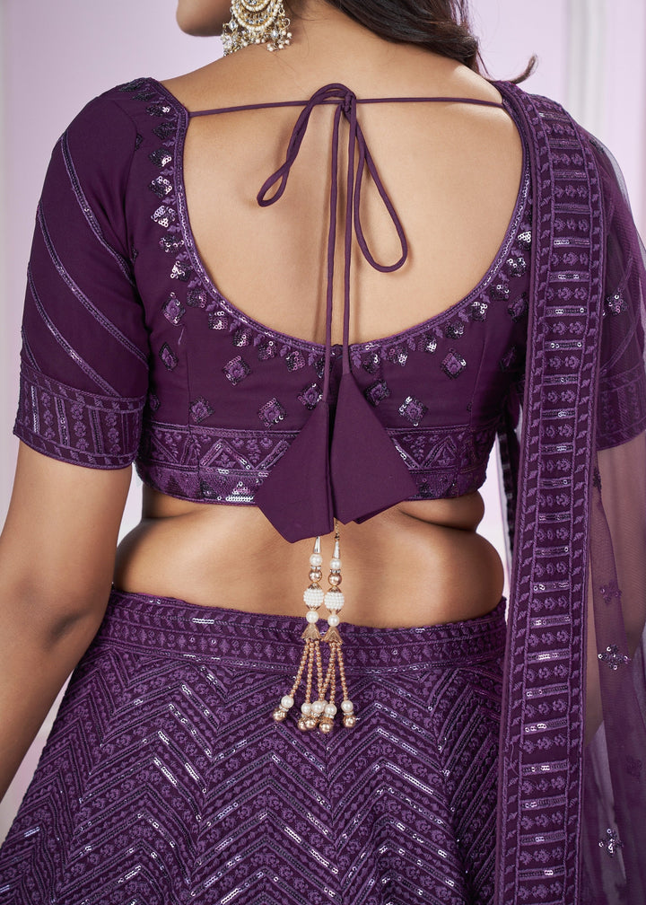 Dark Purple Georgette Lehenga Choli With Sequins And Thread Embroidery Work