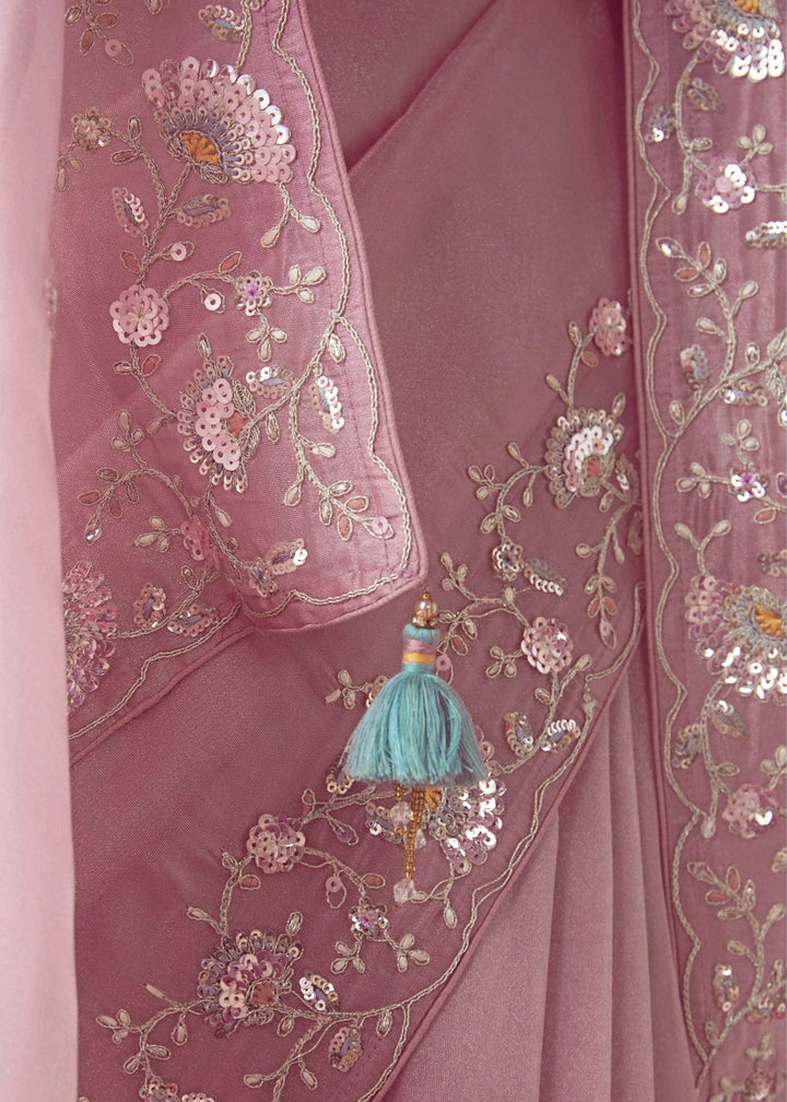 Crepe Pink Fancy Fabric Silk Saree With Hand Embroidered Work And Cut Work Border