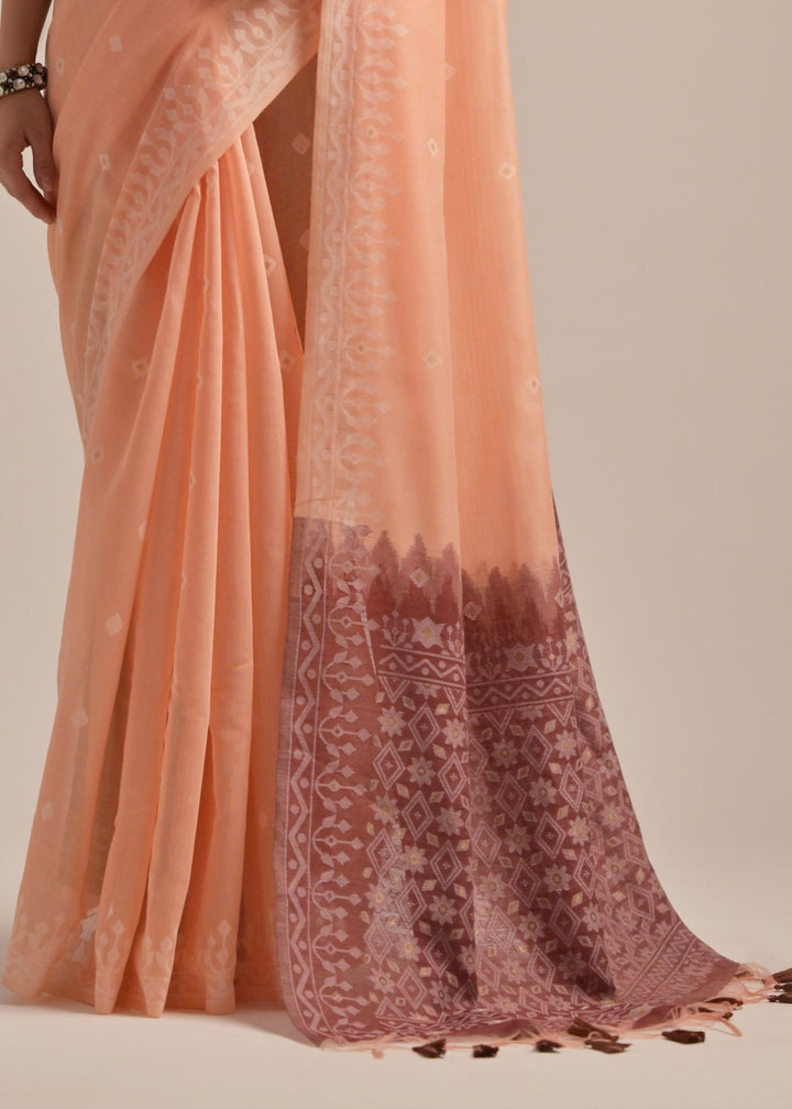 Peach Thread Butti Muga Cotton Saree