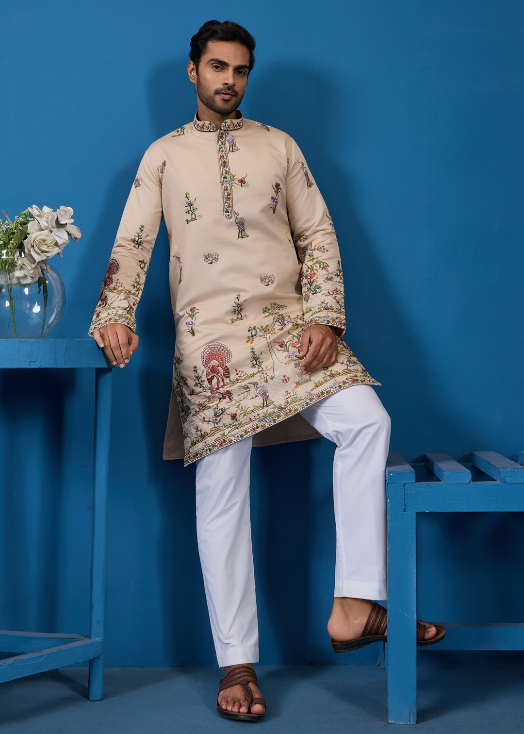 Almond Beige Mens Wear Kurta with Pant