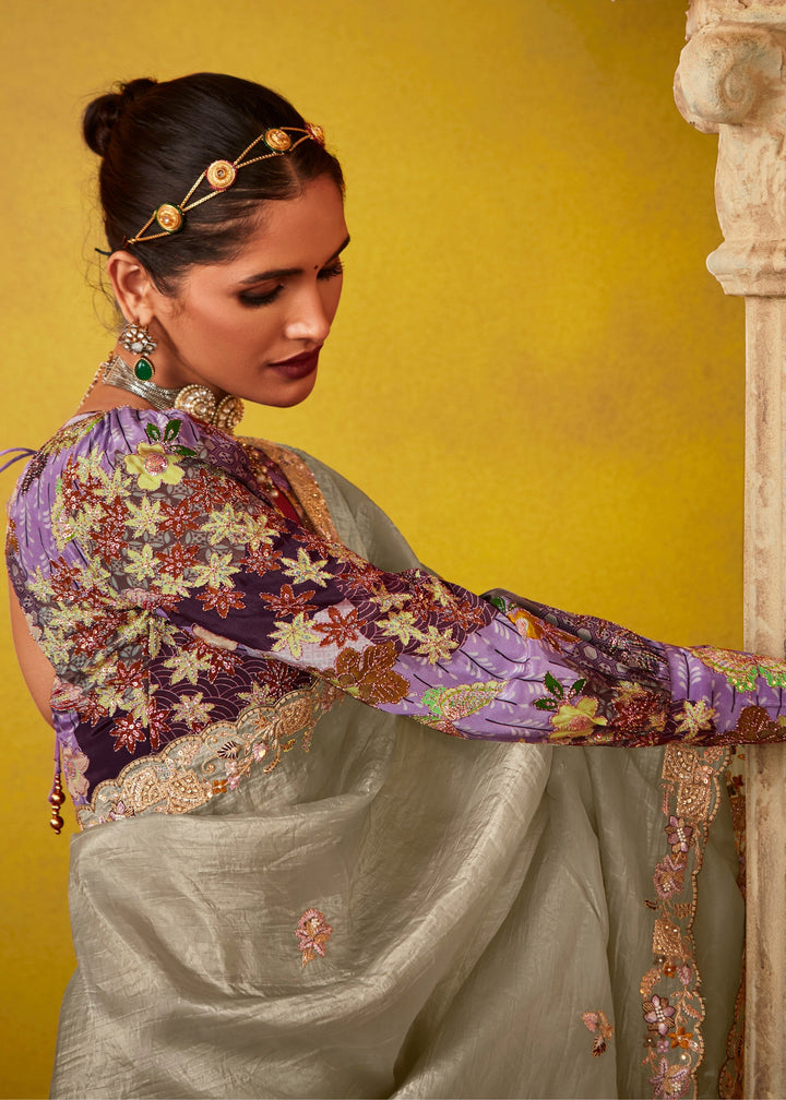 Rhino Grey Glass Tissue Silk Saree