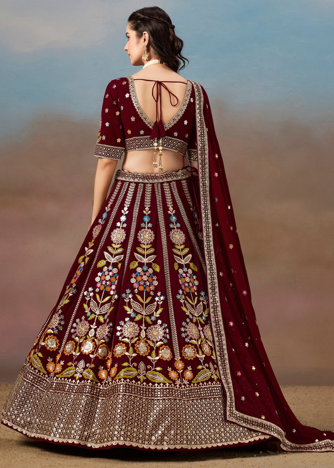 Maroon Georgette Lehenga With Dupatta