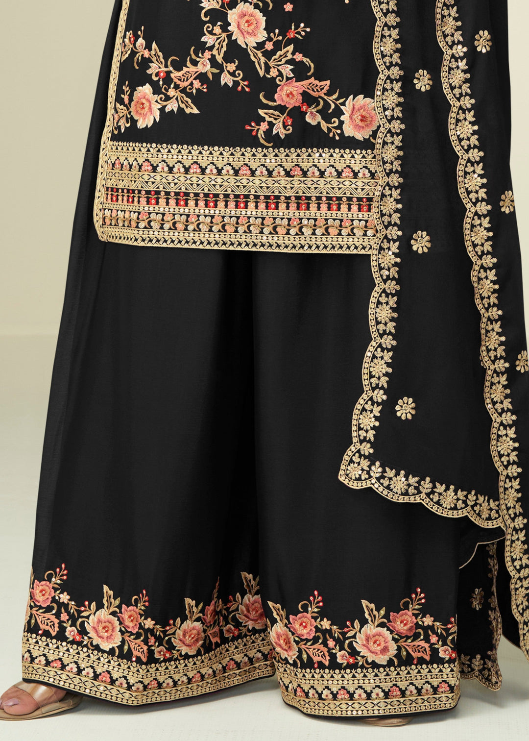 Raven Black Chinon SIlk Plazo Suit With Embroidered Work