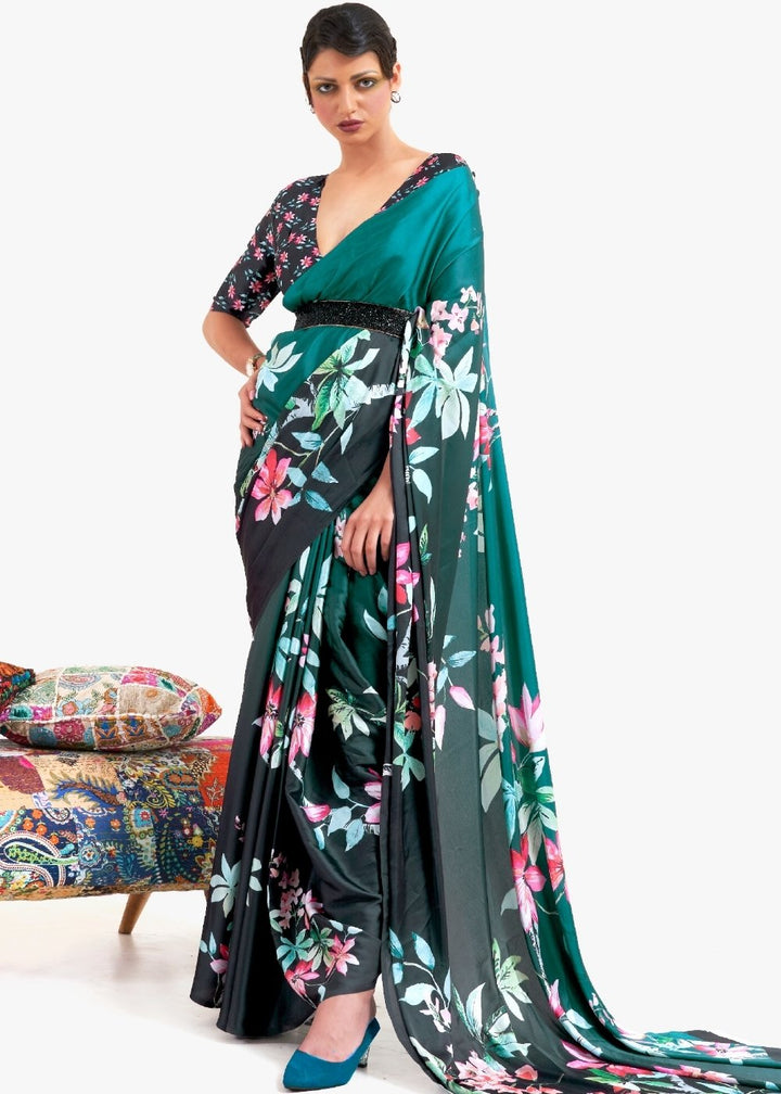 Teal Green Printed Satin Crepe Saree
