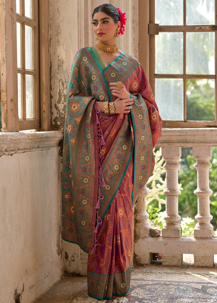 Wine Red All Over Flower Printed Zari Woven Banarasi Silk Saree With Contrast Pallu