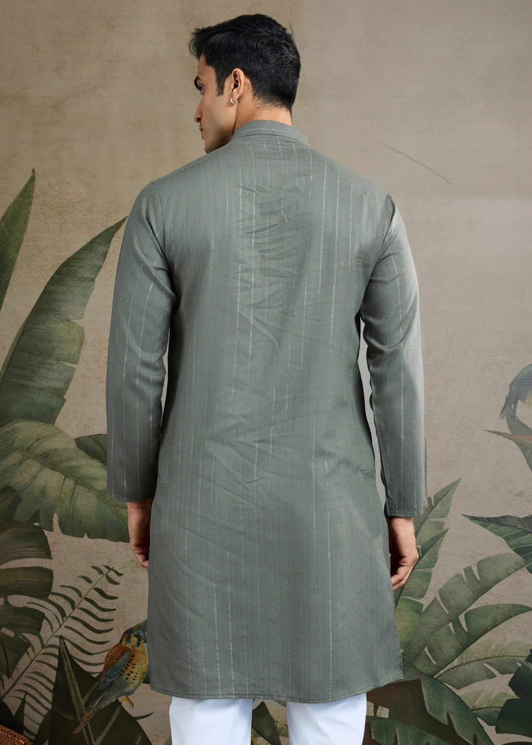 Grey Viscose Rayon Mens Kurta With Self Design Zari And Mirror Work