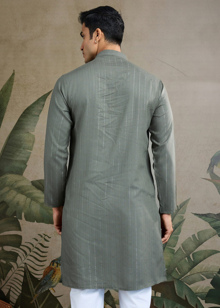 Grey Viscose Rayon Mens Kurta With Self Design Zari And Mirror Work