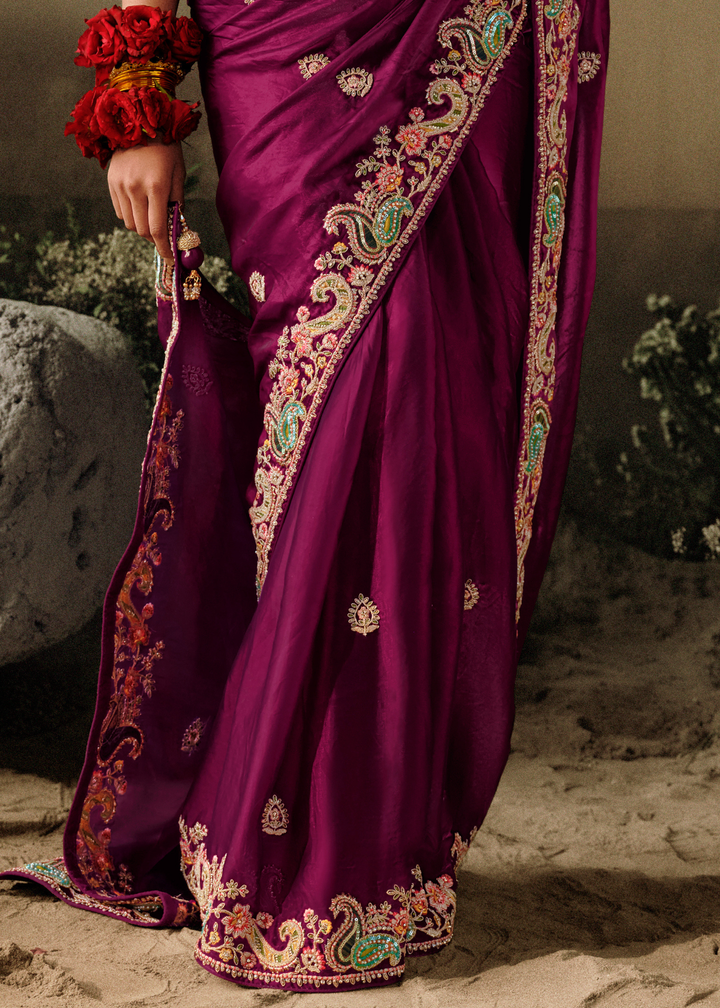 Mardi Gras Purple Dola Silk Saree with Hand Embroidery work