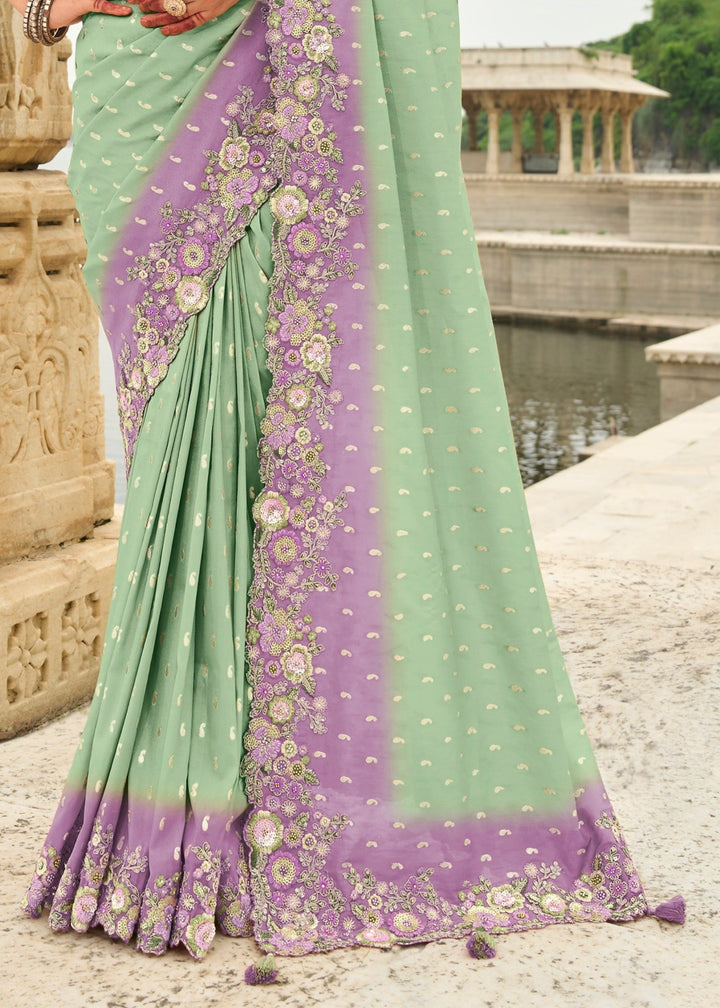Mint Silk Saree With Embroidery Cut and Butti Work