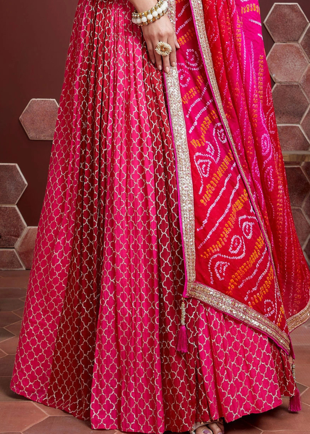 Magenta Pink Chinon Silk Lehenga Choli with Sequins & Mirror work