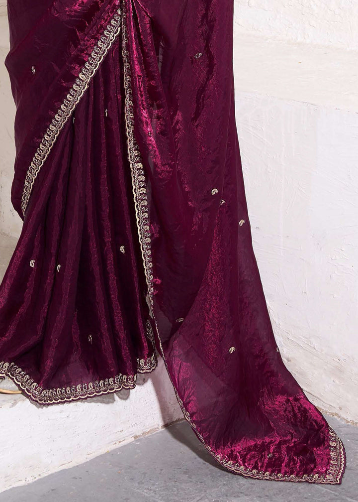Wine Purple Gold Crush Tissue Silk Saree With Beautiful Blouse : Top Pick