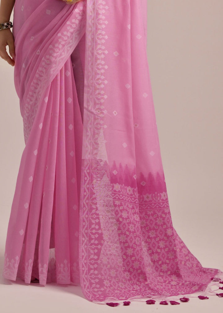 Pink Thread Butti Lakhnawi Weaves Muga Cotton Saree With Contrast Pallu
