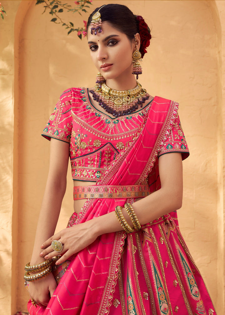 Neon Pink Banarasi Silk Lehenga Choli With Zarkan And Cut Work