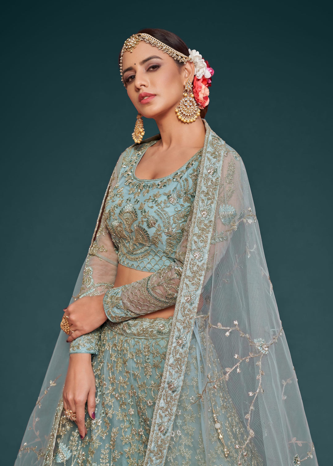 Aqua Blue Soft Net Lehenga with Thread, Zari, Badla and Glitter Dori Embroidery Work