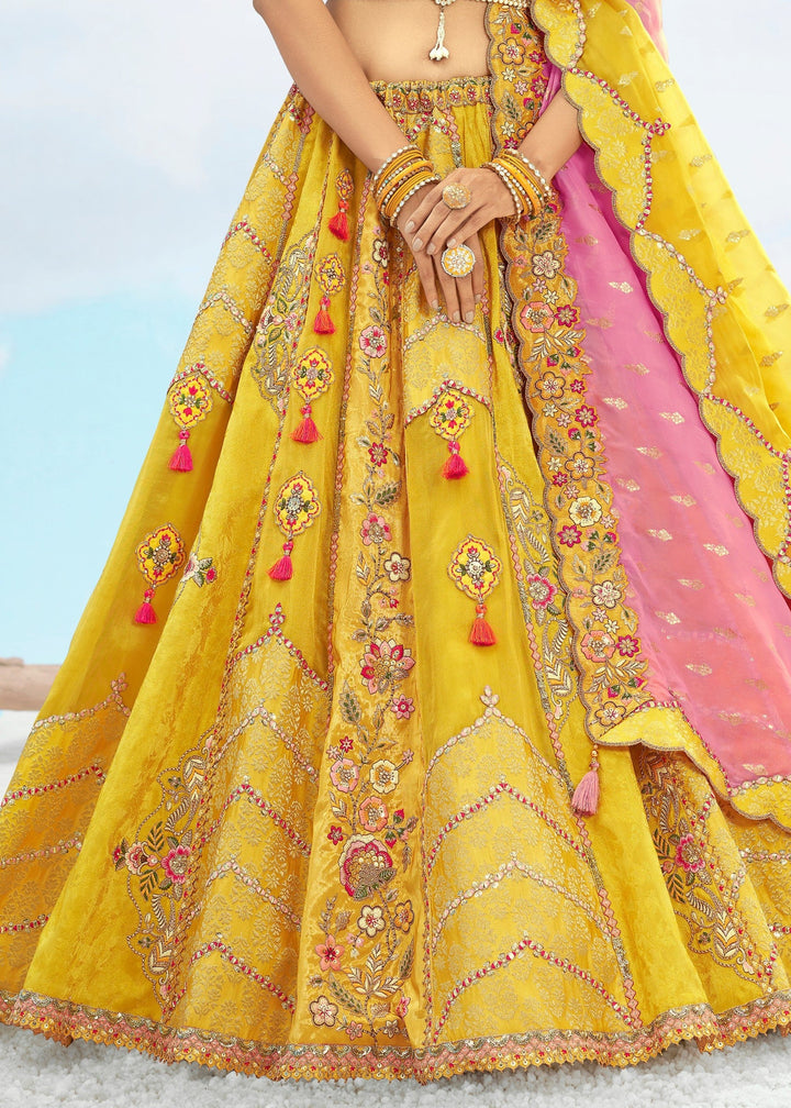 Yellow and Soft Pink Silk Lehenga With Cut Work Border