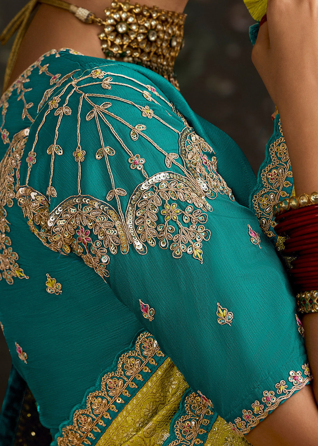 Lime-Yellow and Turquoise Viscose silk Saree