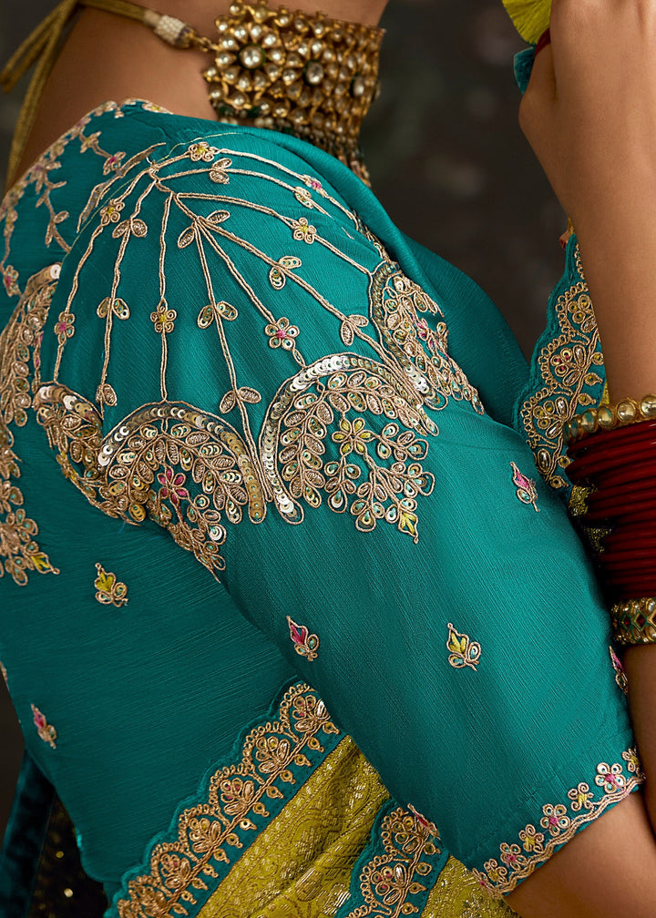 Lime-Yellow and Turquoise Viscose silk Saree