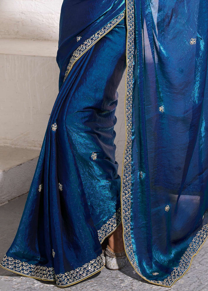 Admiral Blue Gold Crush Tissue Silk Saree With Beautiful Blouse