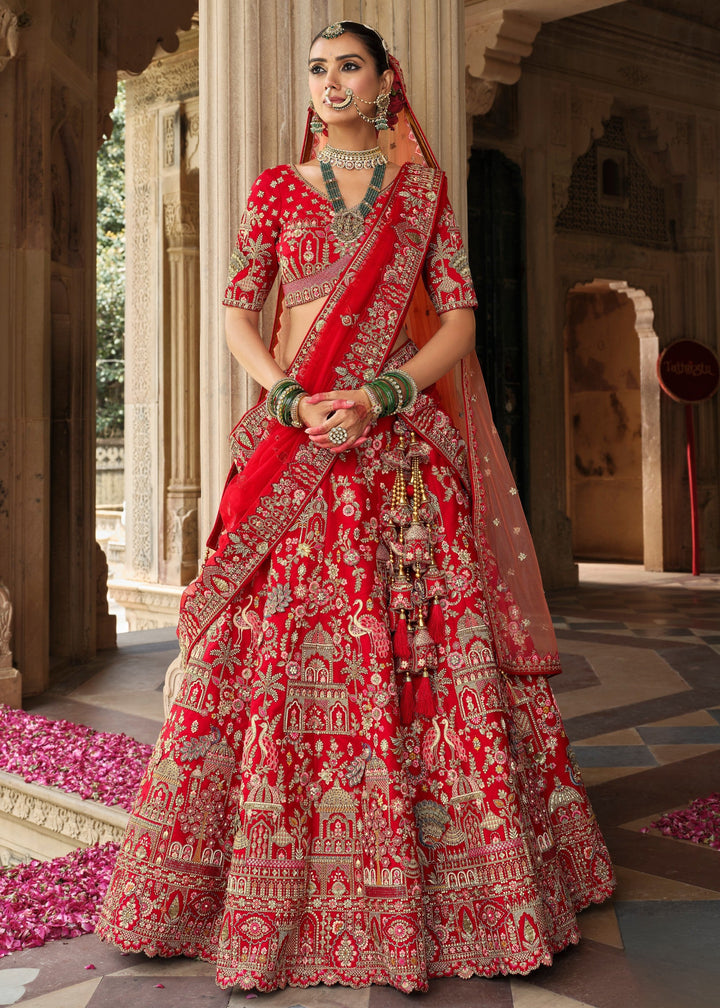 Bright Red Heavy Bridal Silk Lehenga With Khatli And Embroidery Work