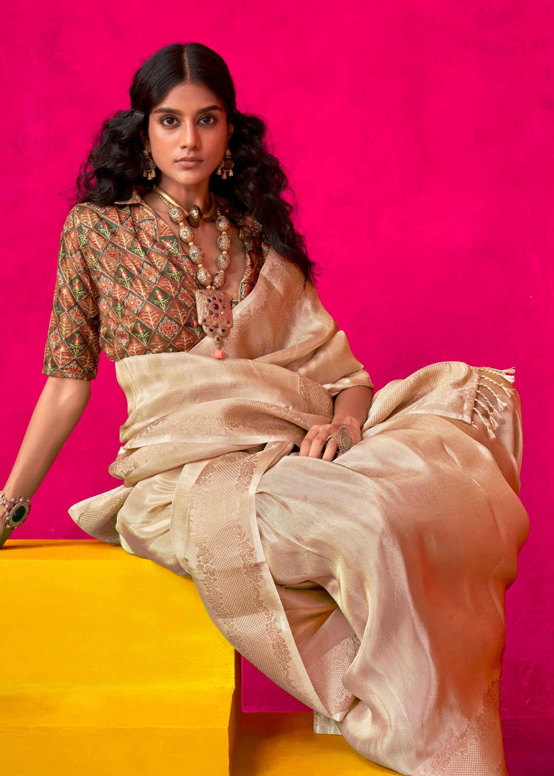 Beige Tissue Silk Saree
