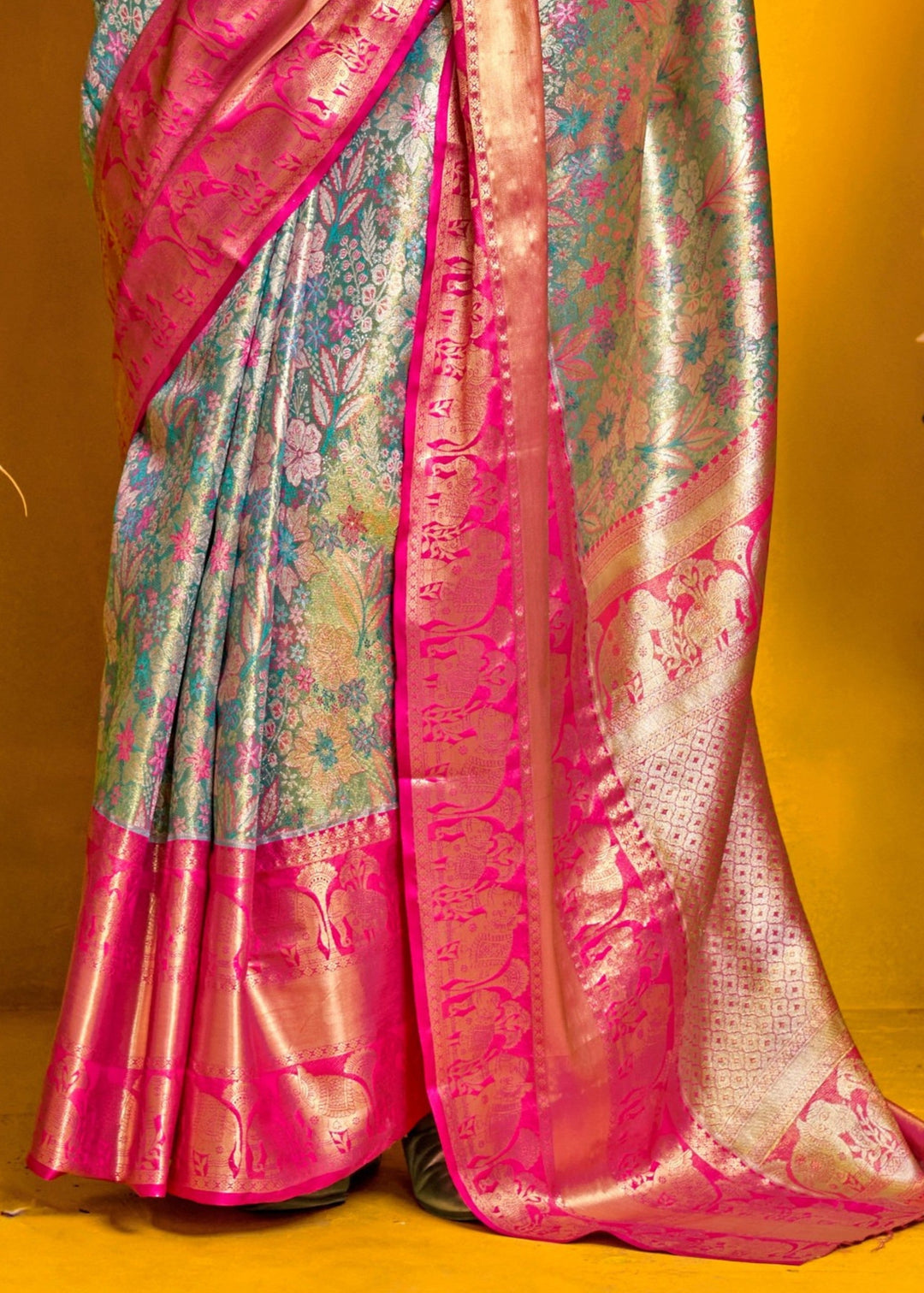 Pink And Blue Pure Dharamavaram Silk Saree