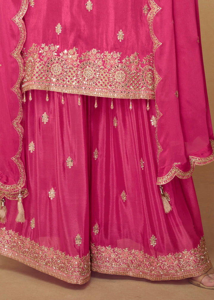 Rose Pink Chinon Palazzo Silk Suit With Beautiful Embroidery Work
