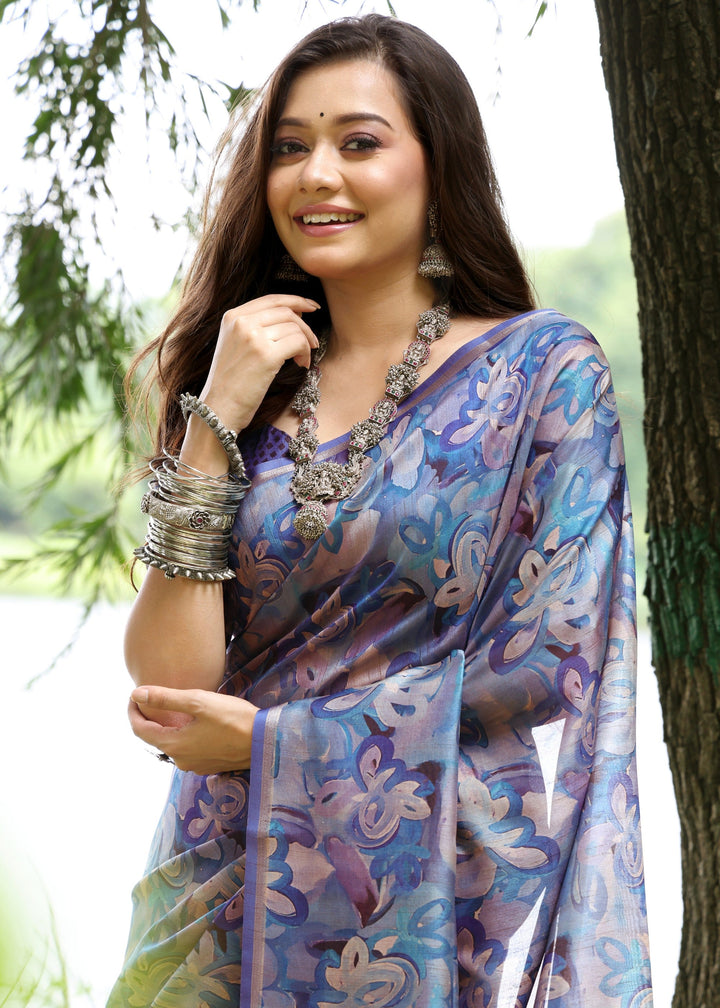 Blue Printed Cotton Silk Saree