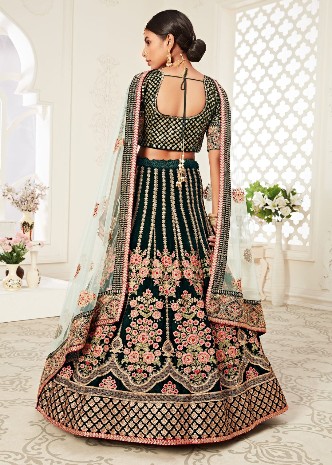 Green Velvet With Zari & Thread embroidery With Diamond Work Bridal Lehenga