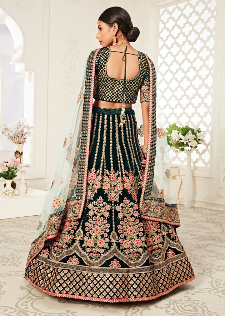 Green Velvet With Zari & Thread embroidery With Diamond Work Bridal Lehenga