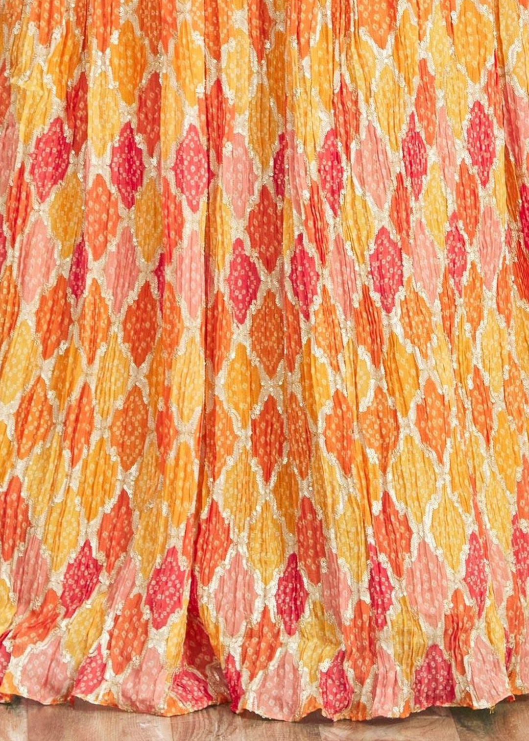 Saffron Yellow Digital Printed Chinnon Lehenga with Thread,Zari & Sequins Work