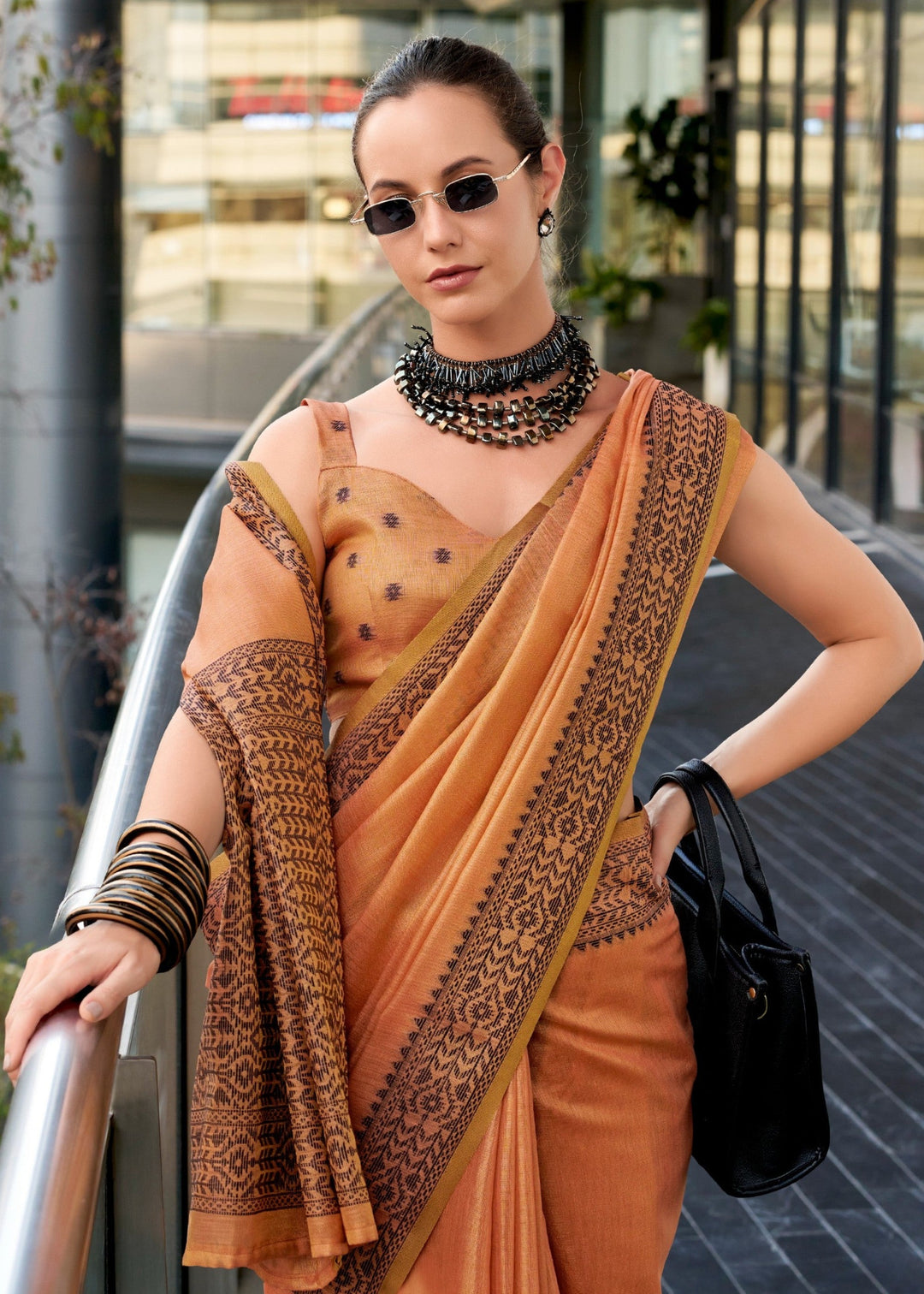 Rust Orange Linen Tissue Silk Saree