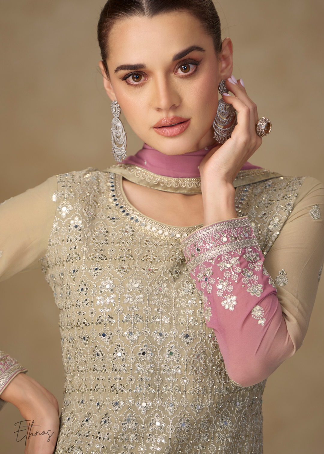 Beige Gold And Mauve Pink Georgette Salwar Suit
