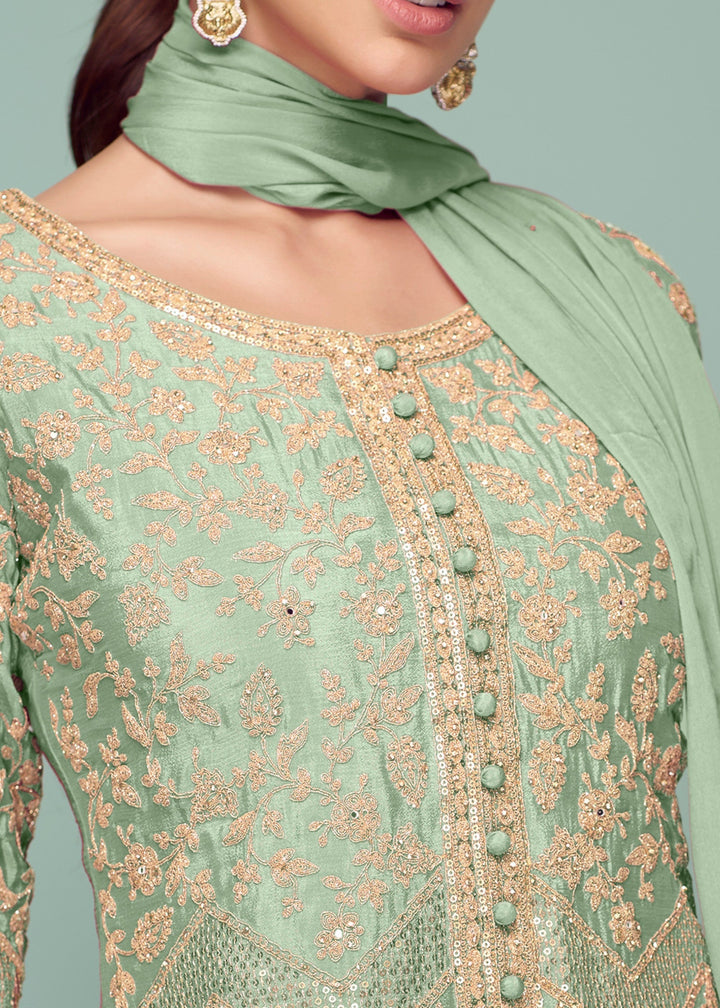 Spring Green Chinnon Silk Plazo Suit With Thread Embroidery