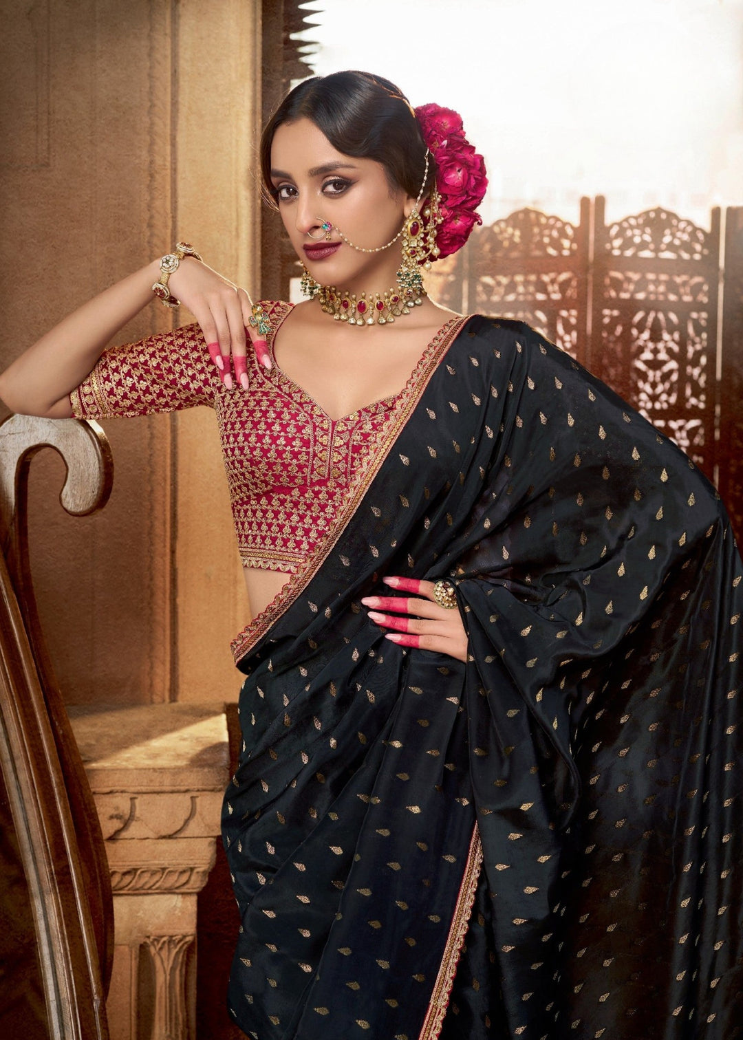 Black Viscose Crepe Silk Saree