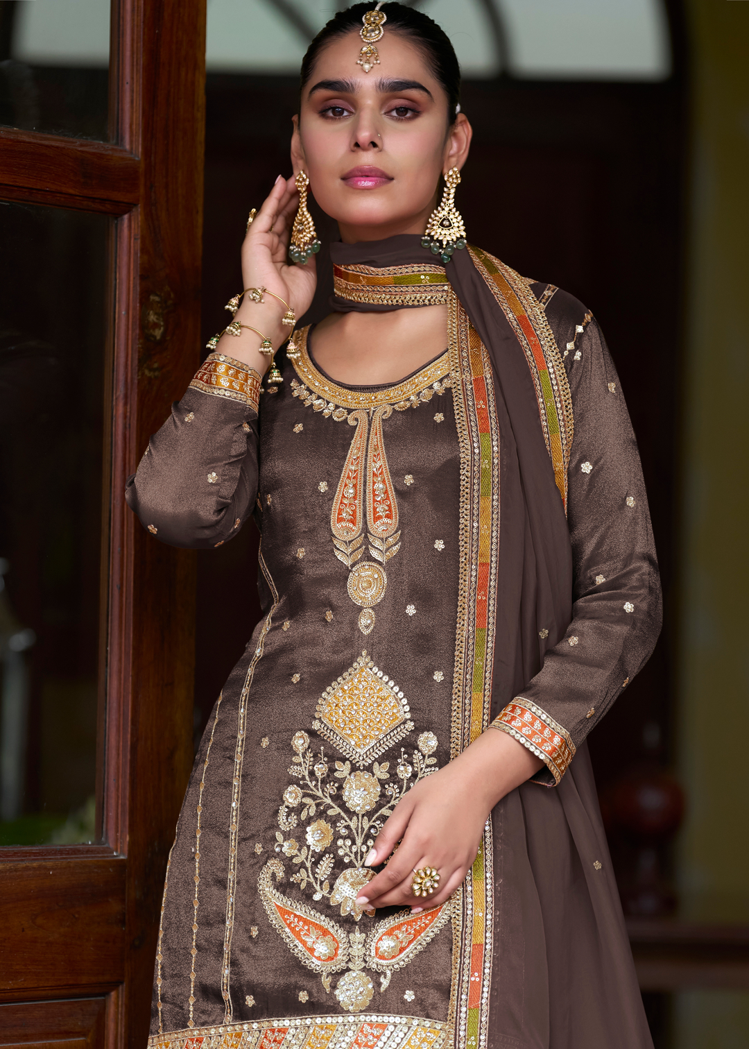 Cedar Brown Simmer Silk Palazzo Suit With Embroidered Work