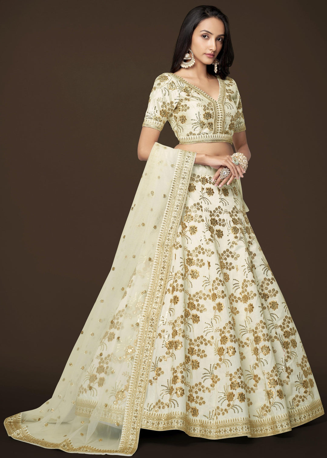 White Slub Silk Lehenga with Zari Sequins and Dori Embroidery Work