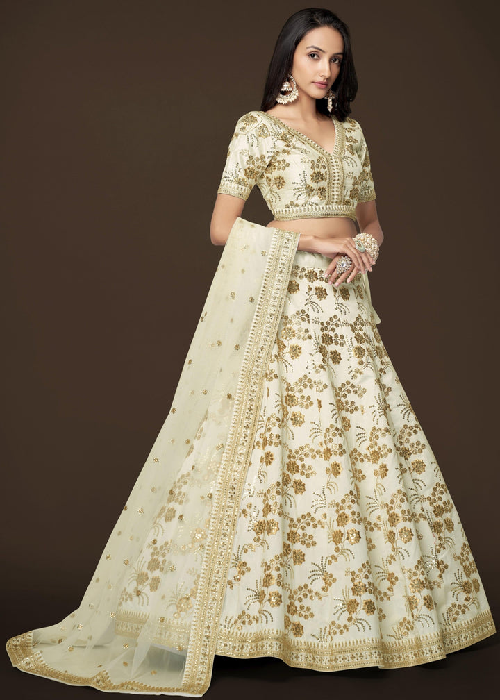 White Slub Silk Lehenga with Zari Sequins and Dori Embroidery Work