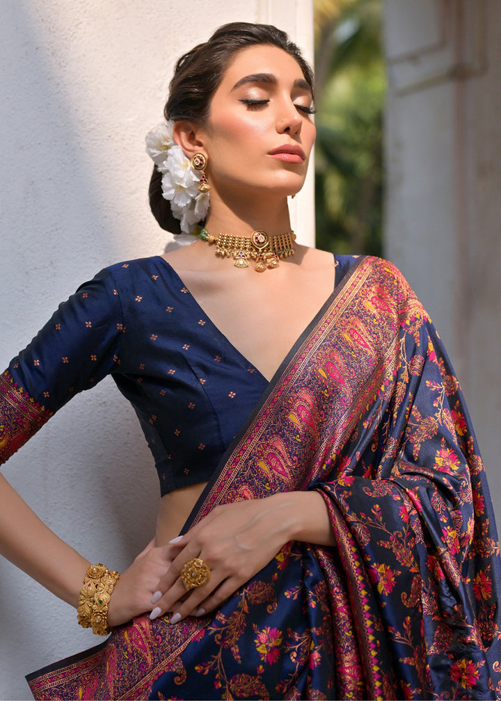 Navy Blue Thread Woven Jal & Flower Silk Saree With Thread Woven Pallu