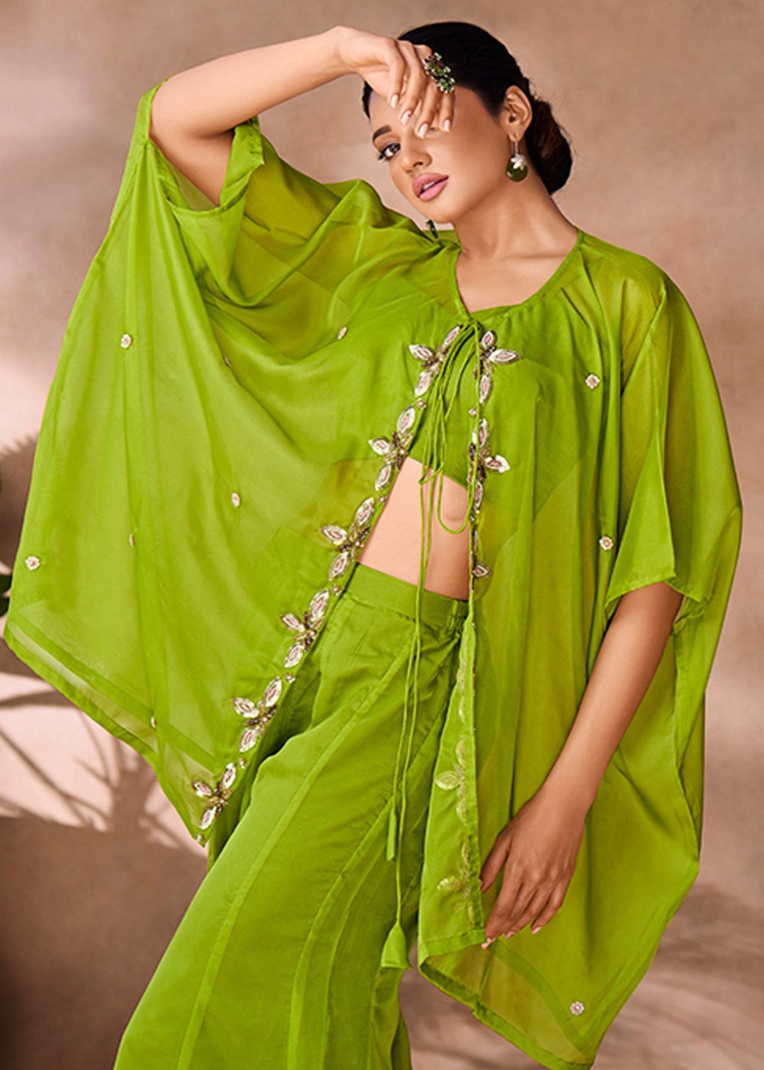 Parrot Green Organza Handwork Co-ord Set