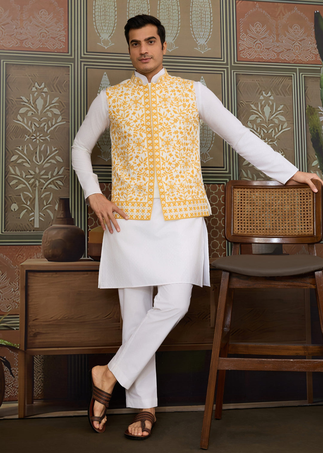 White Kurta And Pant With Sunflower Yellow Embroidered Nehru Jacket
