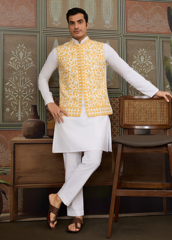 White Kurta And Pant With Sunflower Yellow Embroidered Nehru Jacket