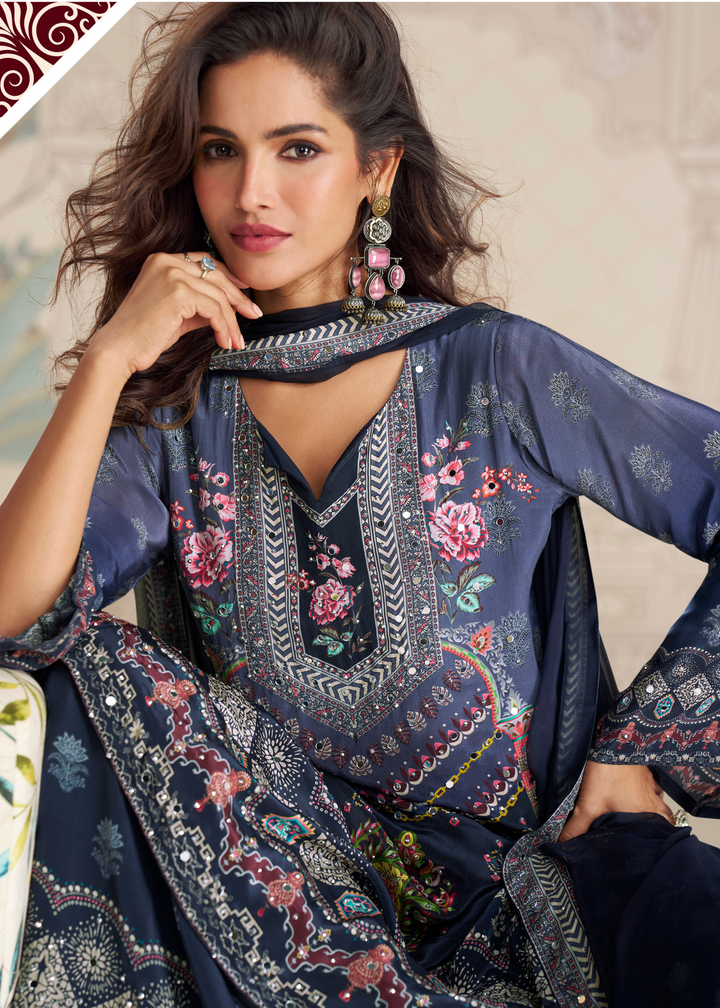 Deep Navy Blue Crep Silk Sharara Suit