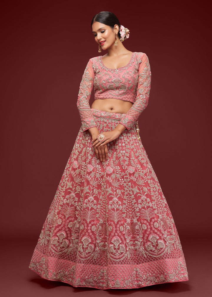 Fantasy Rose Soft Net Lehenga with Thread, Zari, Badla and Glitter Dori Embroidery Work