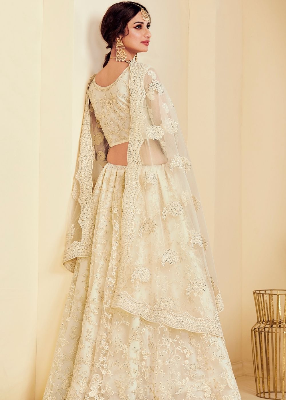 Ivory White Soft Net Lehenga Choli with Cording Embroidery & Stone work