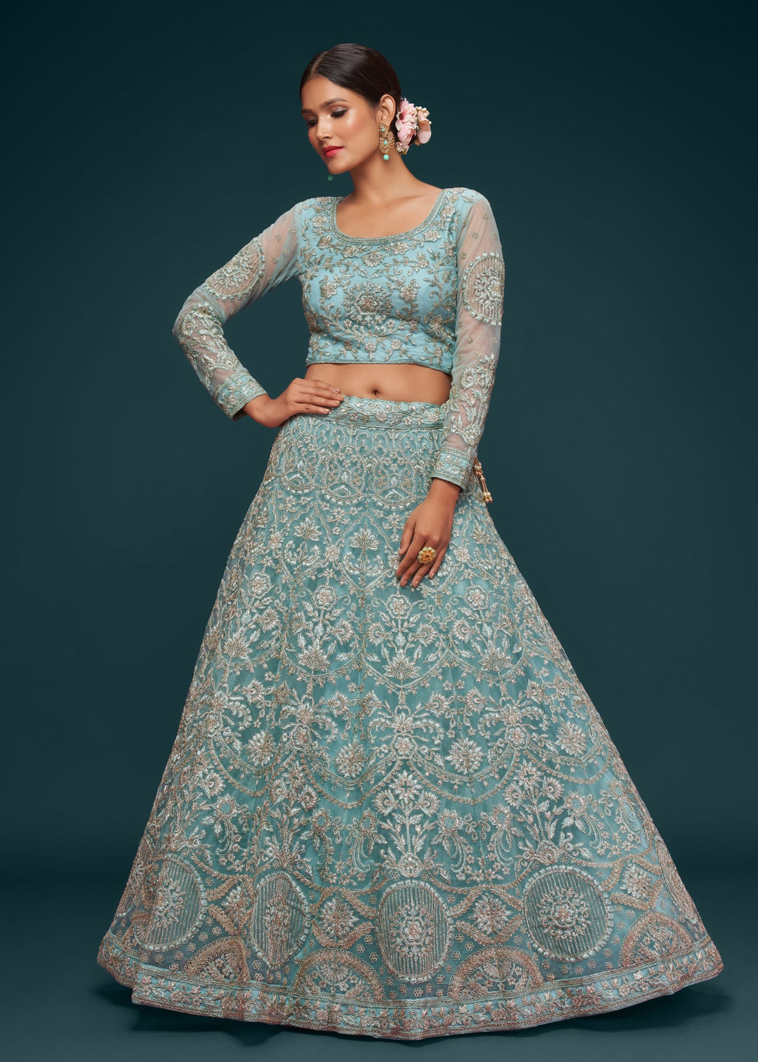 Ocean Aqua Soft Net Lehenga with Thread, Zari, Badla and Glitter Dori Embroidery Work