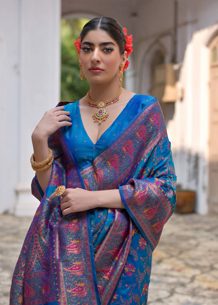 Firozi Thread Woven Jal & Flower Silk Saree With Thread Woven Pallu