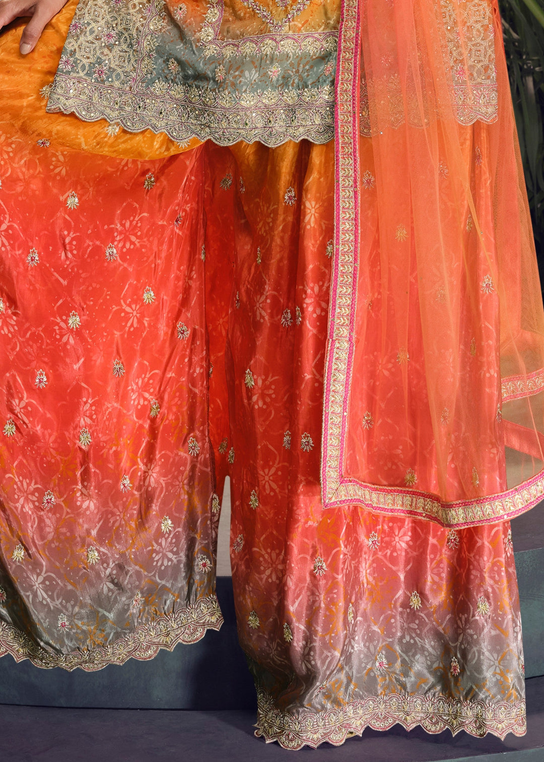 Tangrine Orange Chinnon Silk Plazo Suit With Mirror & Thread Embroidered Work